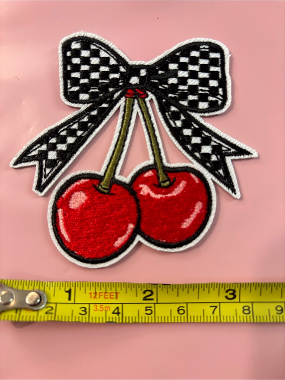 Red Cherry iron-on Patch with Black Checkered Bow